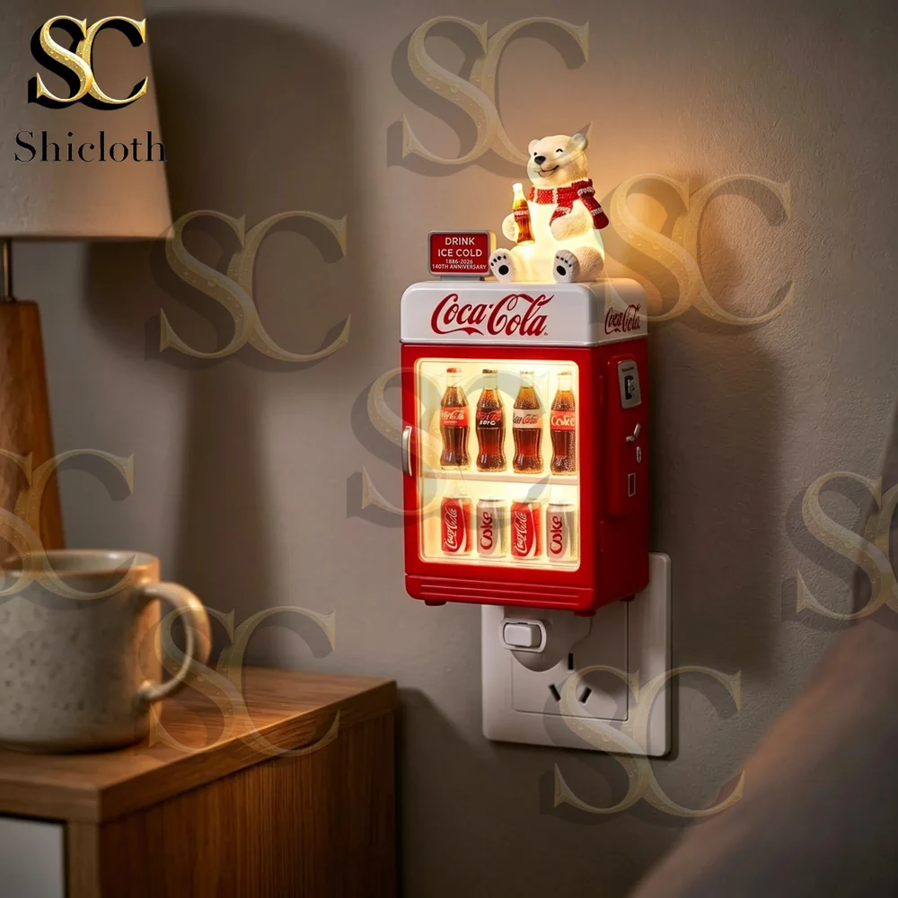 Cola vending machine style night light plugged into wall socket with warm glow
