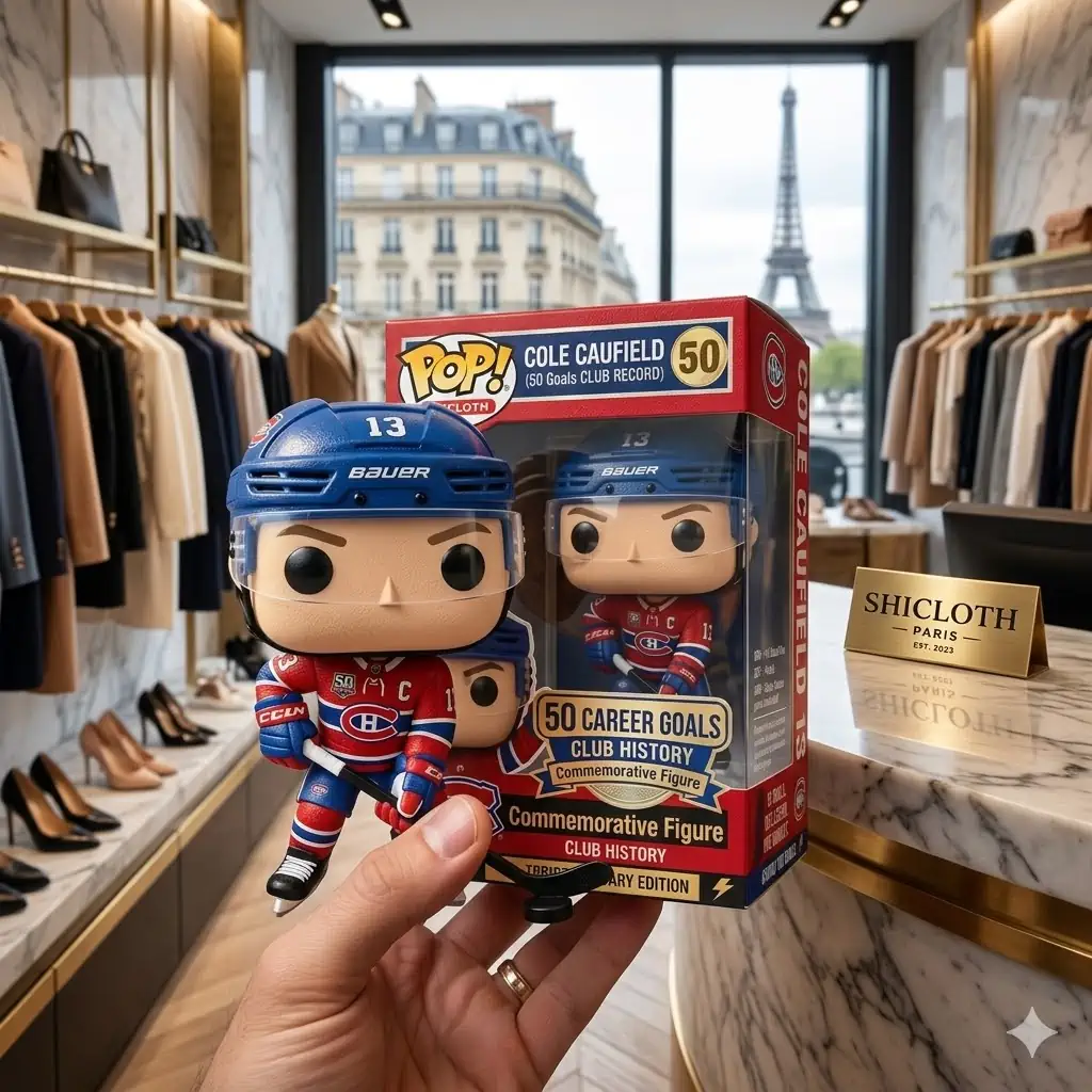 hand holding hockey collectible figure inside luxury shop