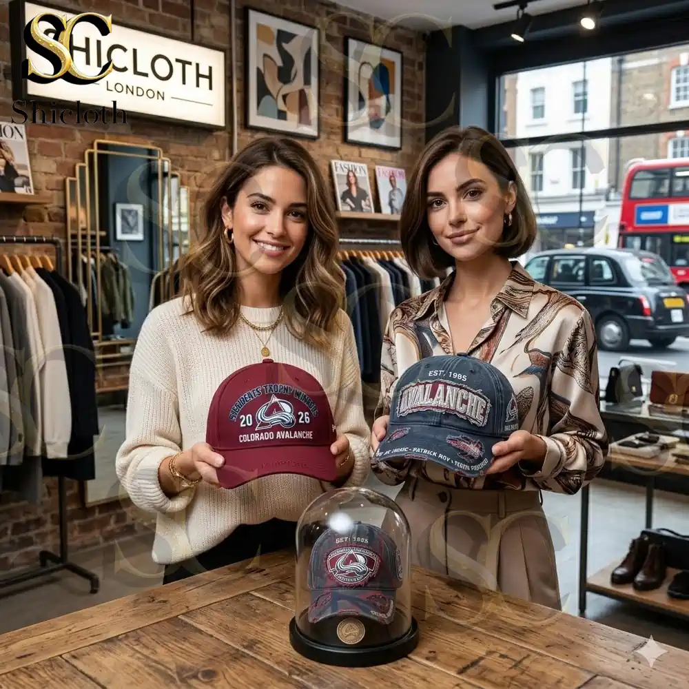 Two women holding Colorado Avalanche caps inside a clothing store