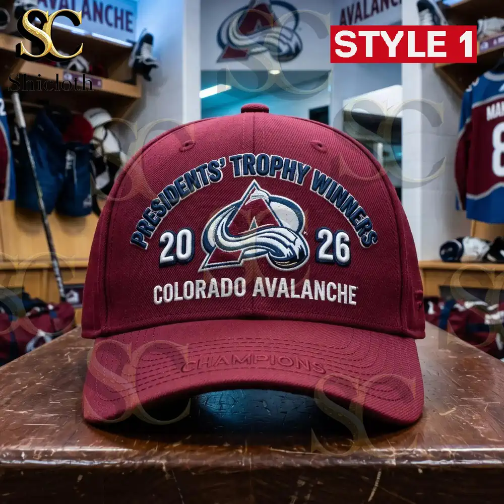 Red Colorado Avalanche Presidents Trophy cap close up