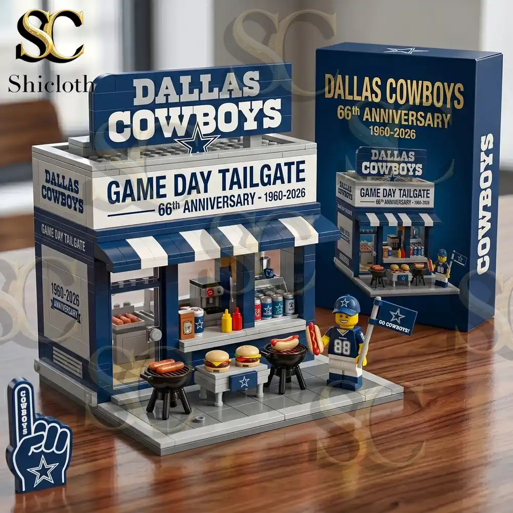 Completed Dallas Cowboys building block set featuring a tailgate stand with grills and a minifigure.