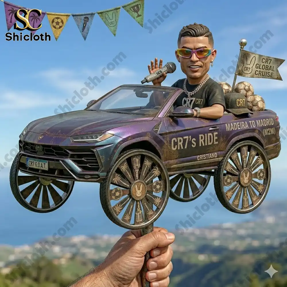 Car spinner with stylized football star figure on sky background!