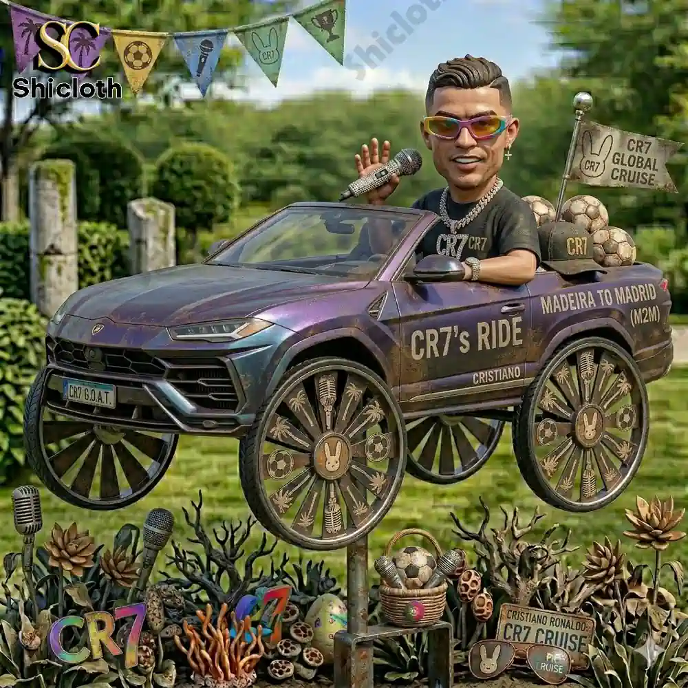 Car spinner with stylized football star figure in garden setting!