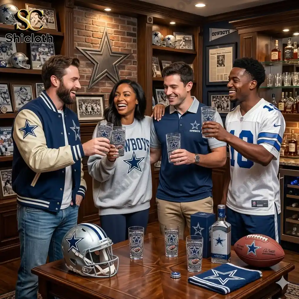Group of fans holding Dallas Cowboys collector beer glasses in a team themed room