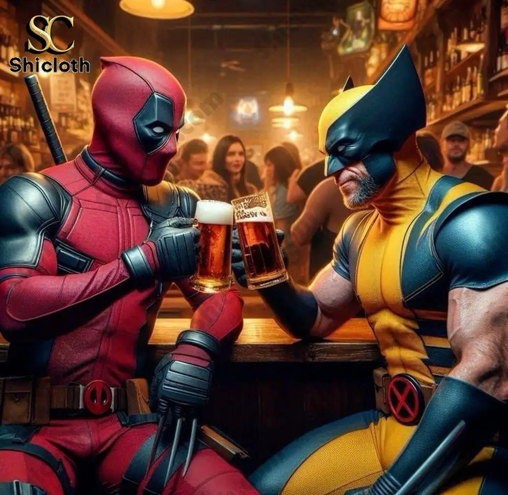 Deadpool And Wolverine Drink Beer Hawaiian Shirt 2 Deadpool and Wolverine toasting beer in a lively bar scene!