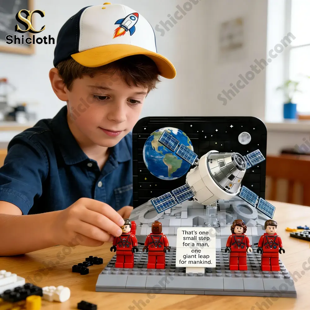 boy playing space shuttle brick set on table