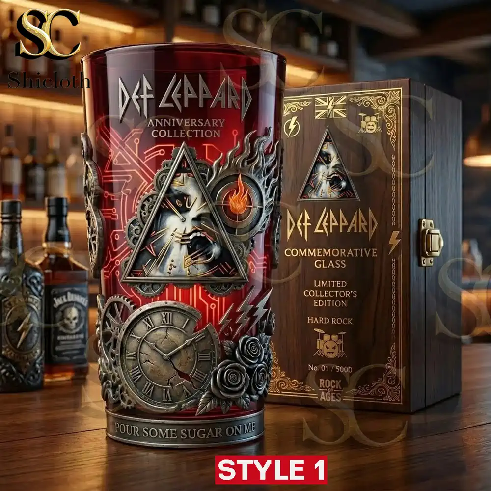 A detailed view of the red Def Leppard commemorative glass in a bar.