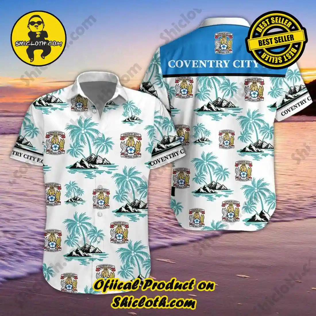 Coventry City tropical shirt front and back view on beach background!