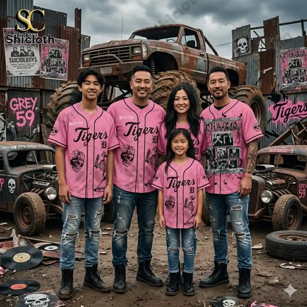 family wearing pink tigers jersey in urban street setting with vintage cars