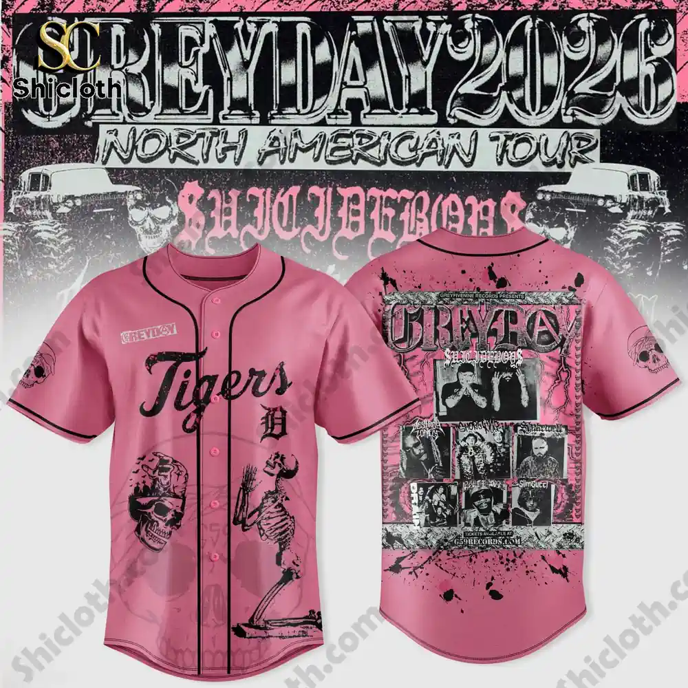 pink tigers jersey front and back view with graphic music inspired design