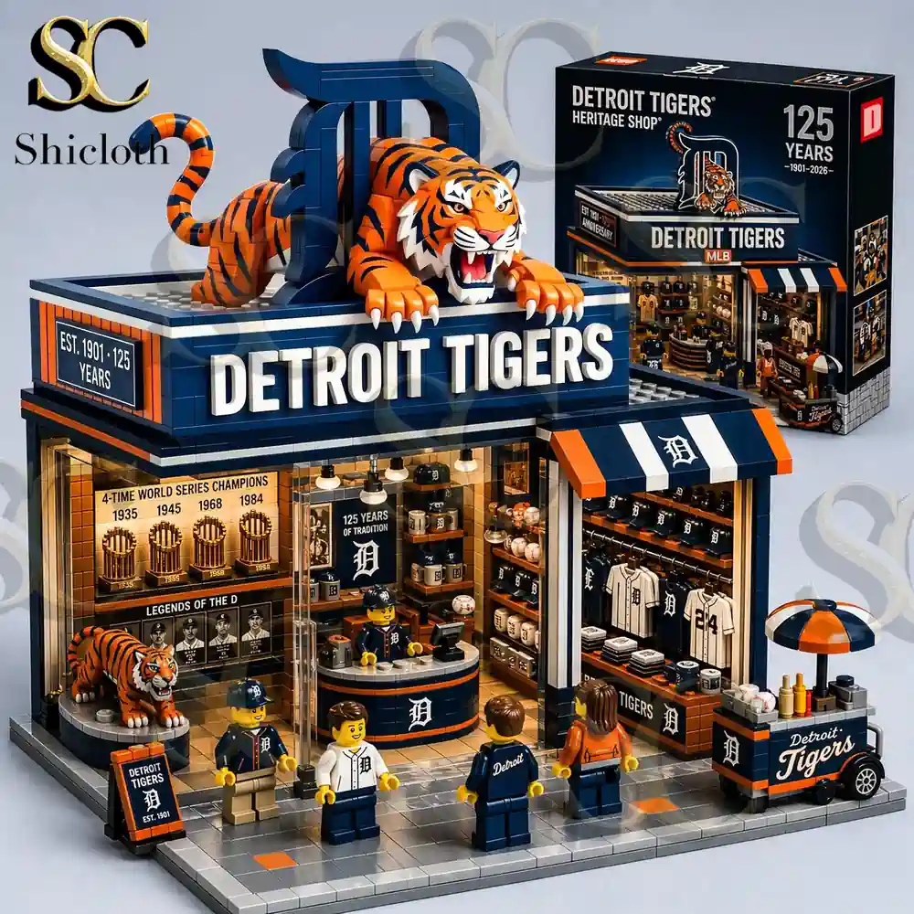Detailed brick model of a Detroit Tigers Heritage Shop with a tiger statue.