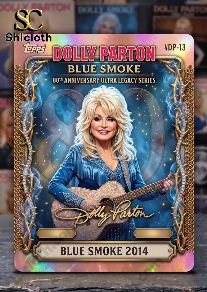 Dolly Parton Blue Smoke card with guitar on blue background Shicloth!