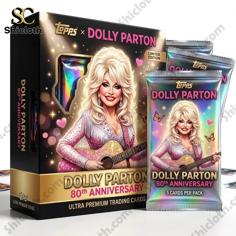 Dolly Parton anniversary trading card box and packs with Shicloth branding!