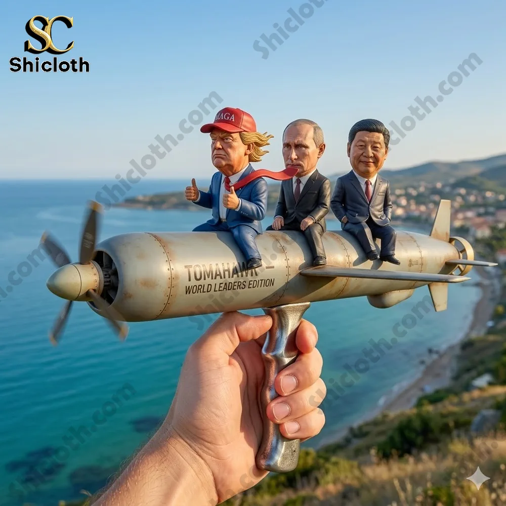 Three leader figures sitting on a missile above a coastal view!