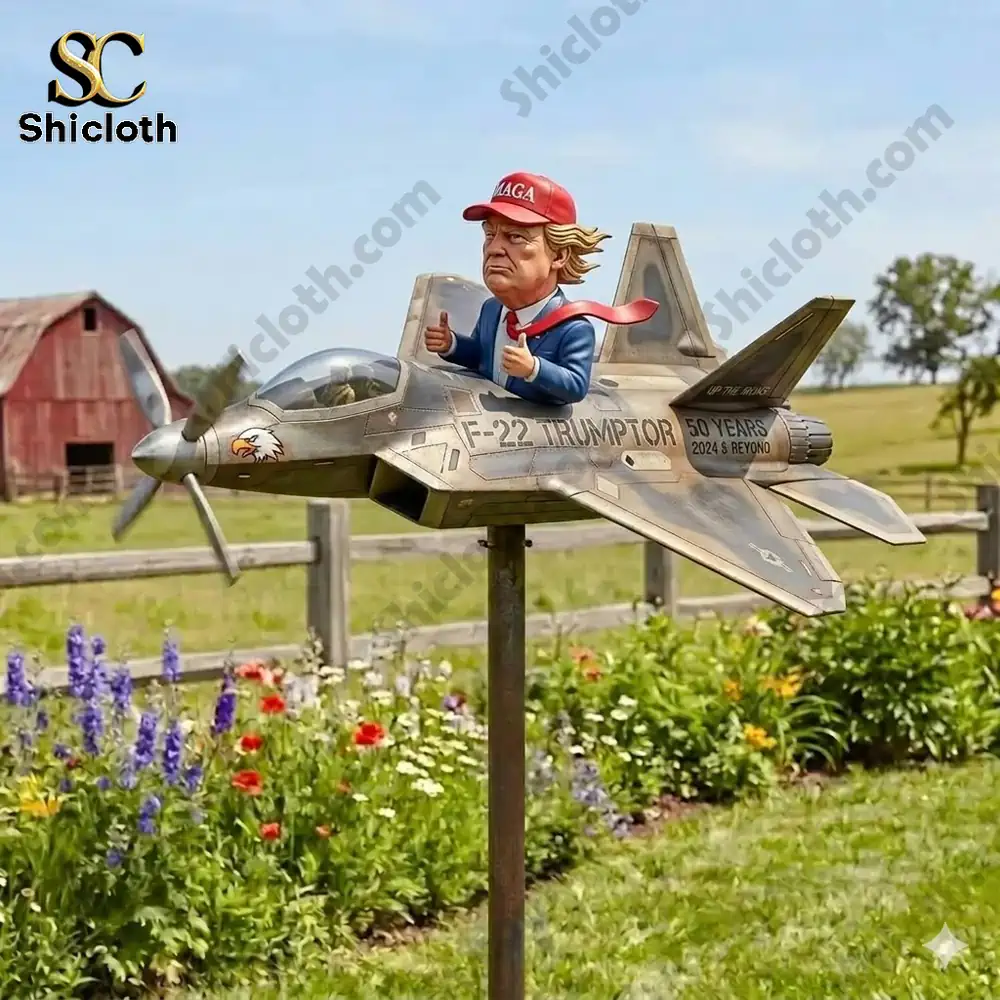 Trump figure riding a fighter jet garden spinner placed in garden!