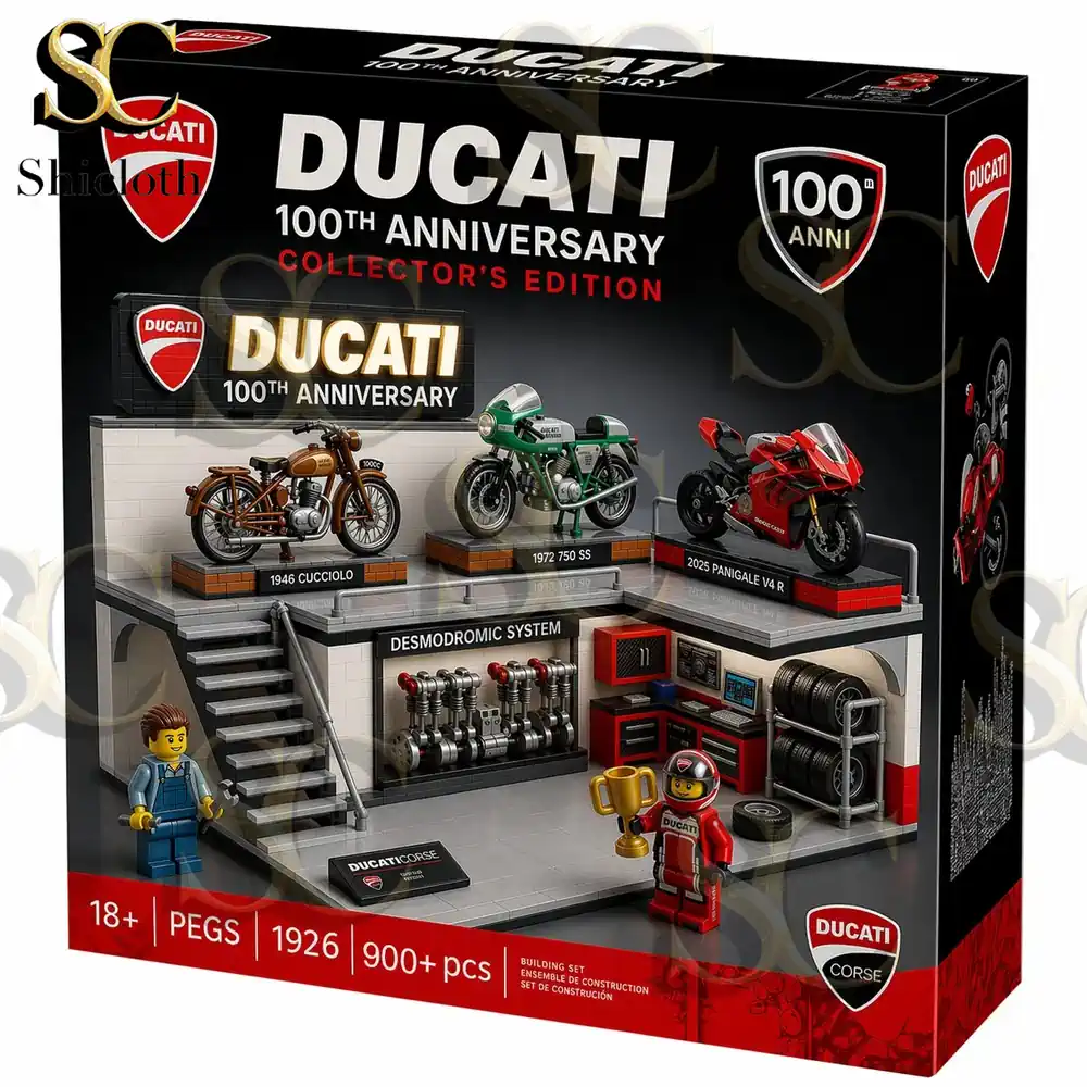 The retail box of the Ducati 100th Anniversary garage building set featuring three iconic motorcycles and a workshop scene!