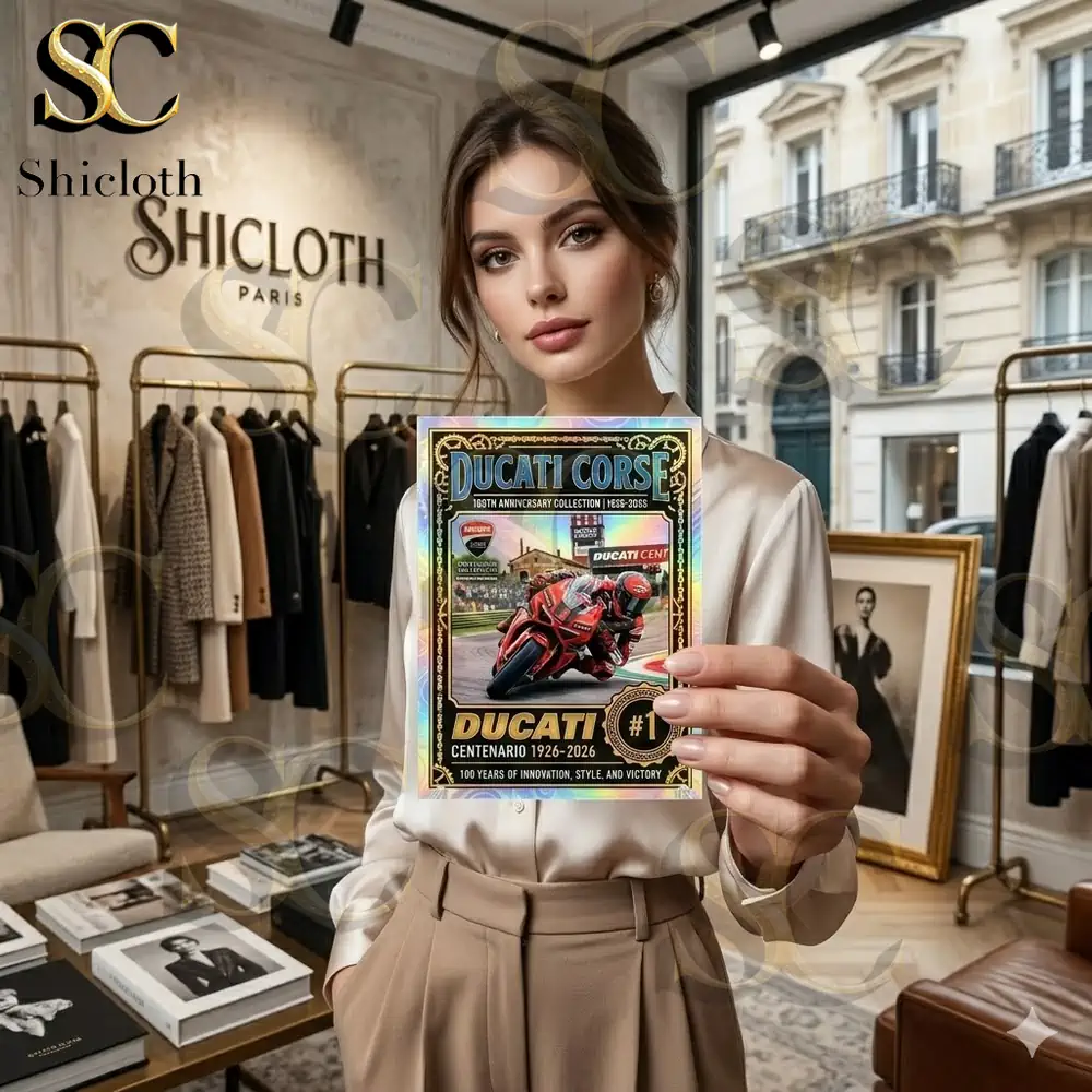 Woman in a Shicloth fashion boutique holding a Ducati centenary trading card.