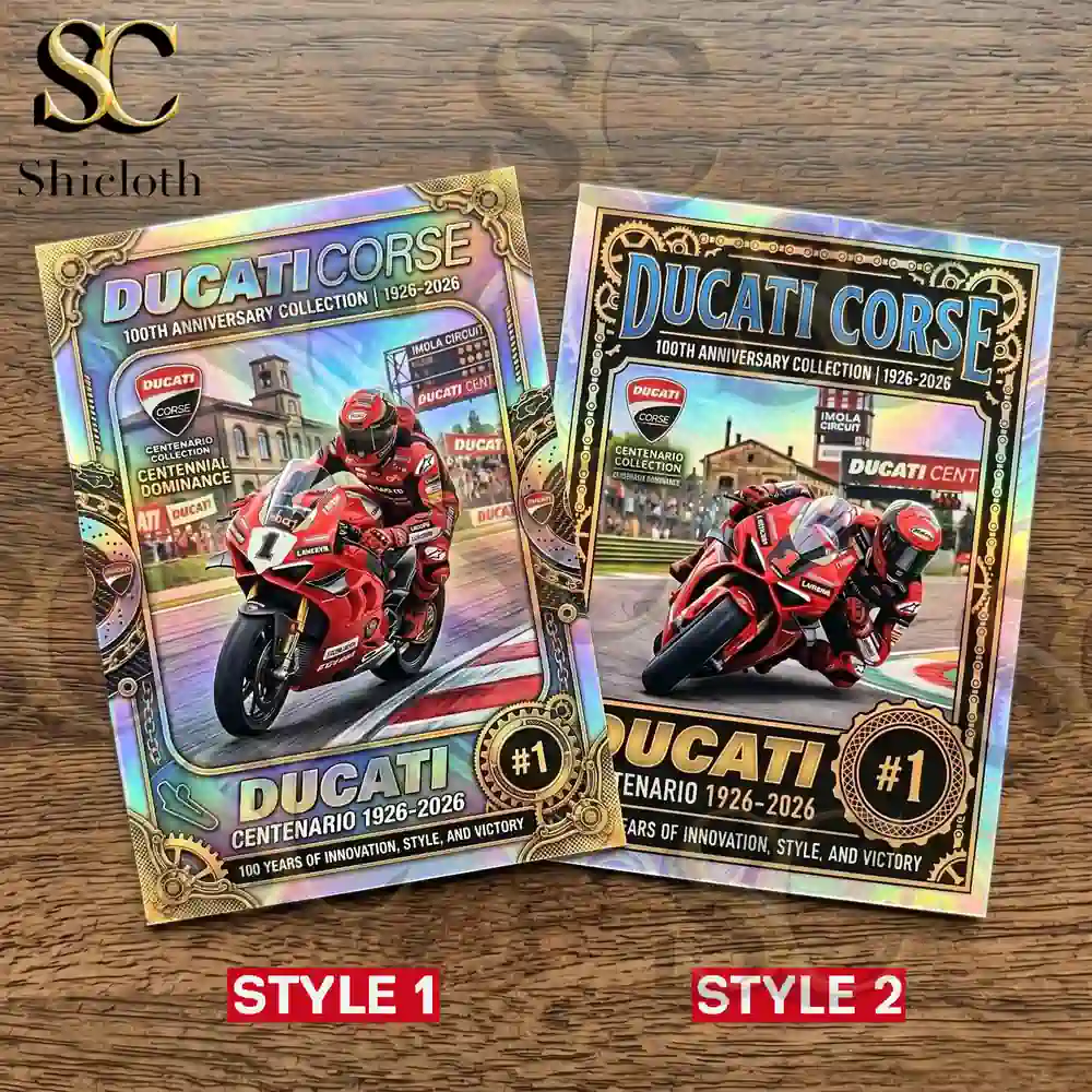 Comparison of two different Ducati Corse 100th anniversary trading card styles.