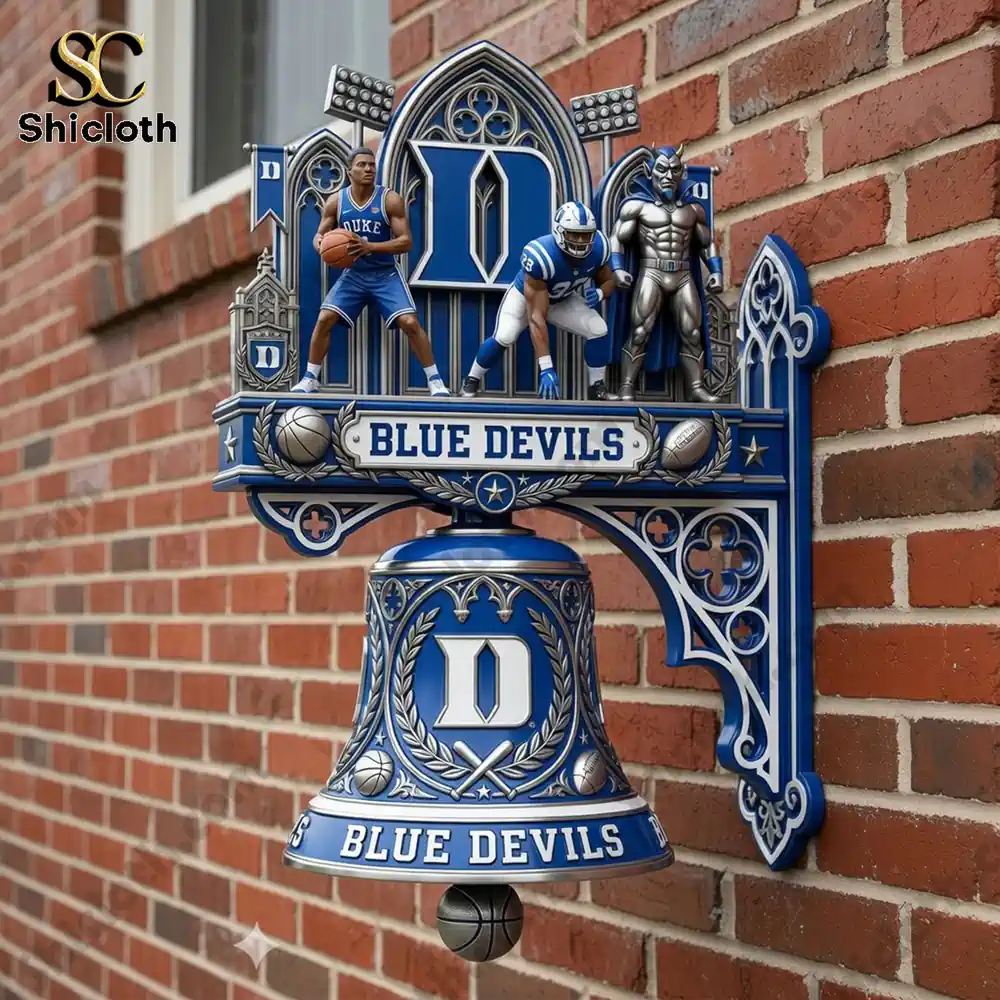 Blue Devils wall bell with detailed figures mounted on brick wall!