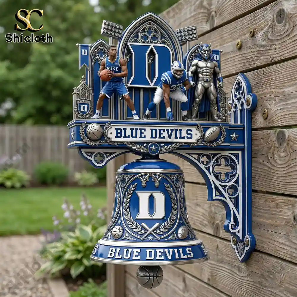 Duke Blue Devils Premium Wall Bell 3 Blue Devils wall bell with players and mascot on wooden fence outdoors!
