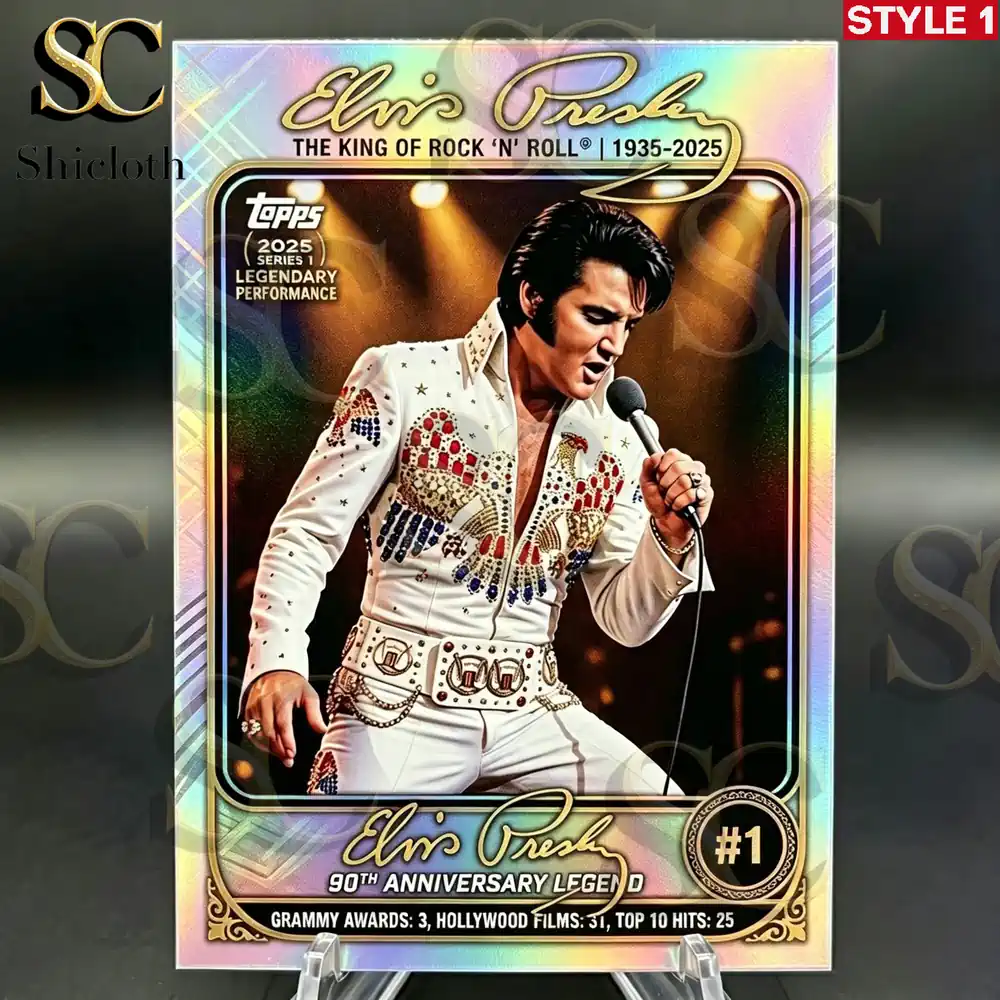 Elvis Presley Topps trading card 90th anniversary edition featuring the singer in a white eagle jumpsuit!