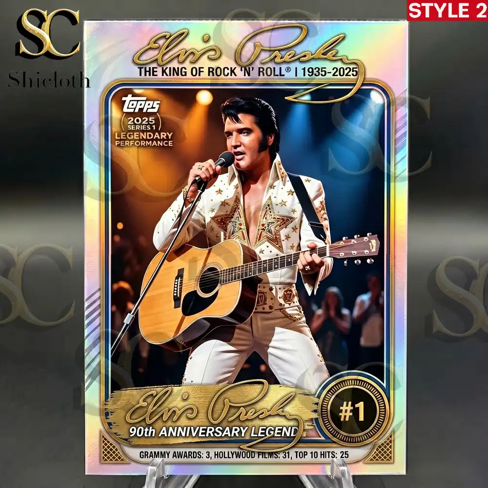 Elvis Presley anniversary trading card showing the king playing an acoustic guitar on stage!