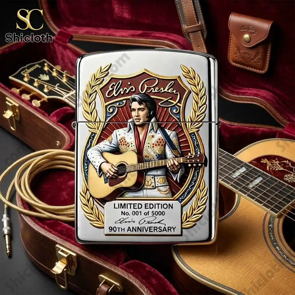 Elvis Presley 90th Anniversary 3D Zippo Lighter 4 Elvis Presley Zippo lighter placed with guitar and music accessories!