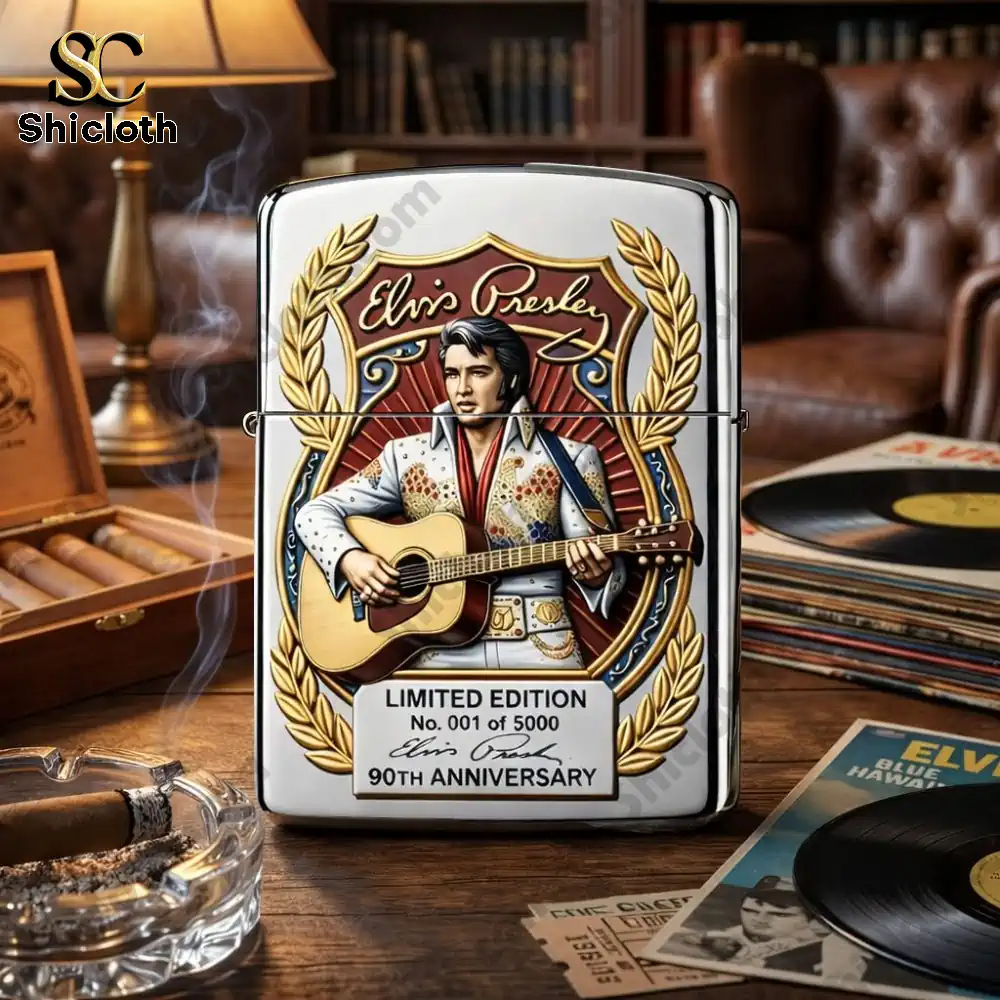 Elvis Presley 90th Anniversary 3D Zippo Lighter 5 Elvis Presley Zippo lighter on table with vinyl records and cigar!