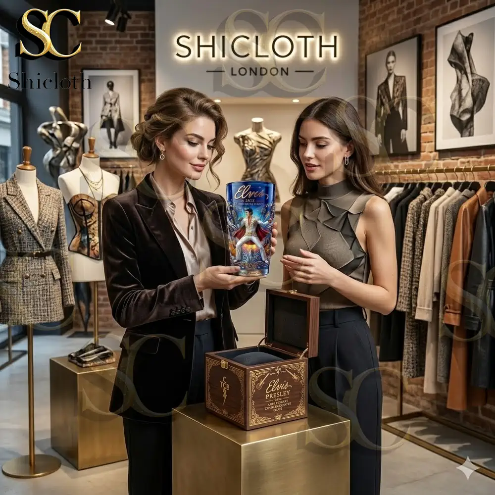 Two women examine a special Elvis Presley commemorative glass inside a high-end fashion boutique named Shicloth!