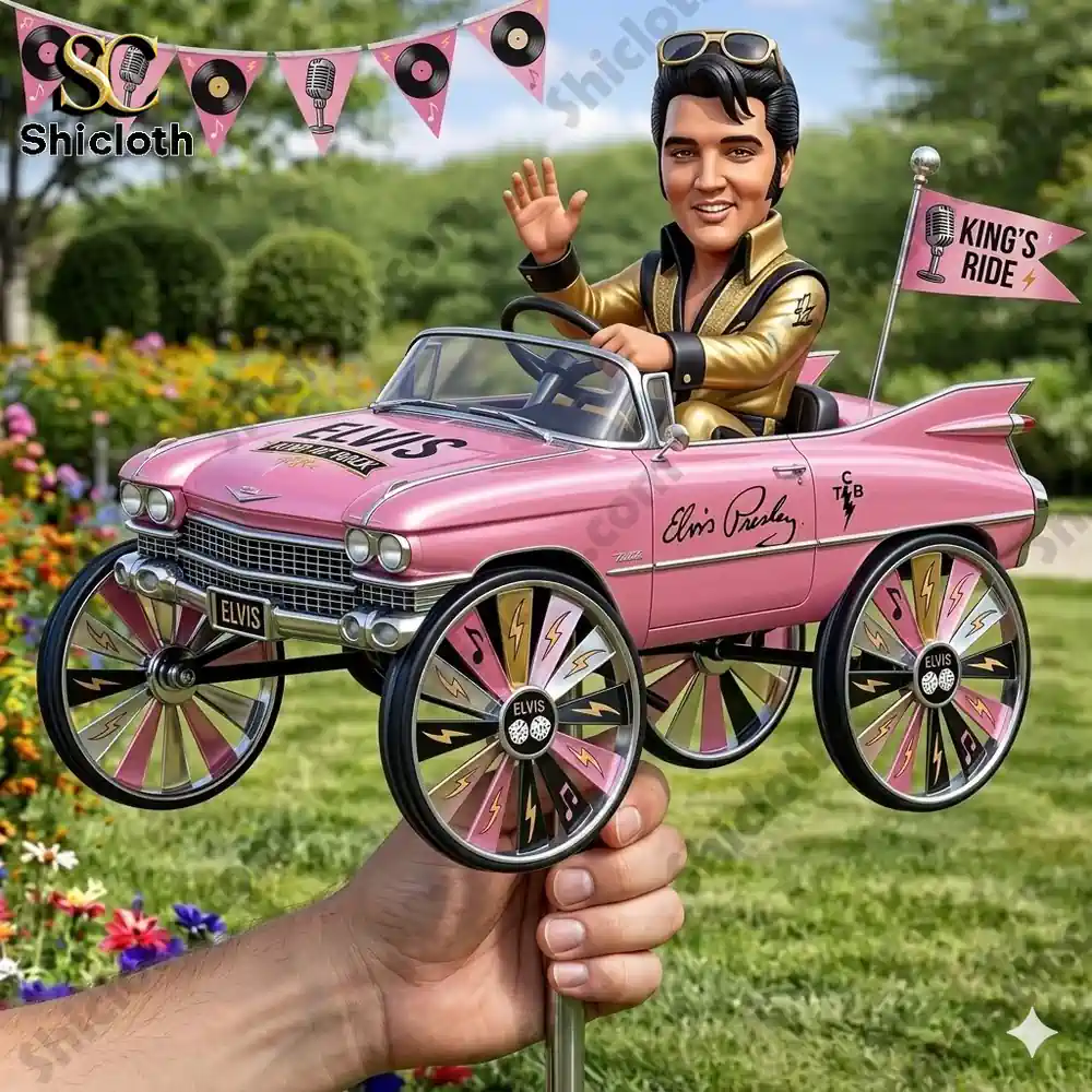 Hand holding Elvis themed pink Cadillac garden spinner toy