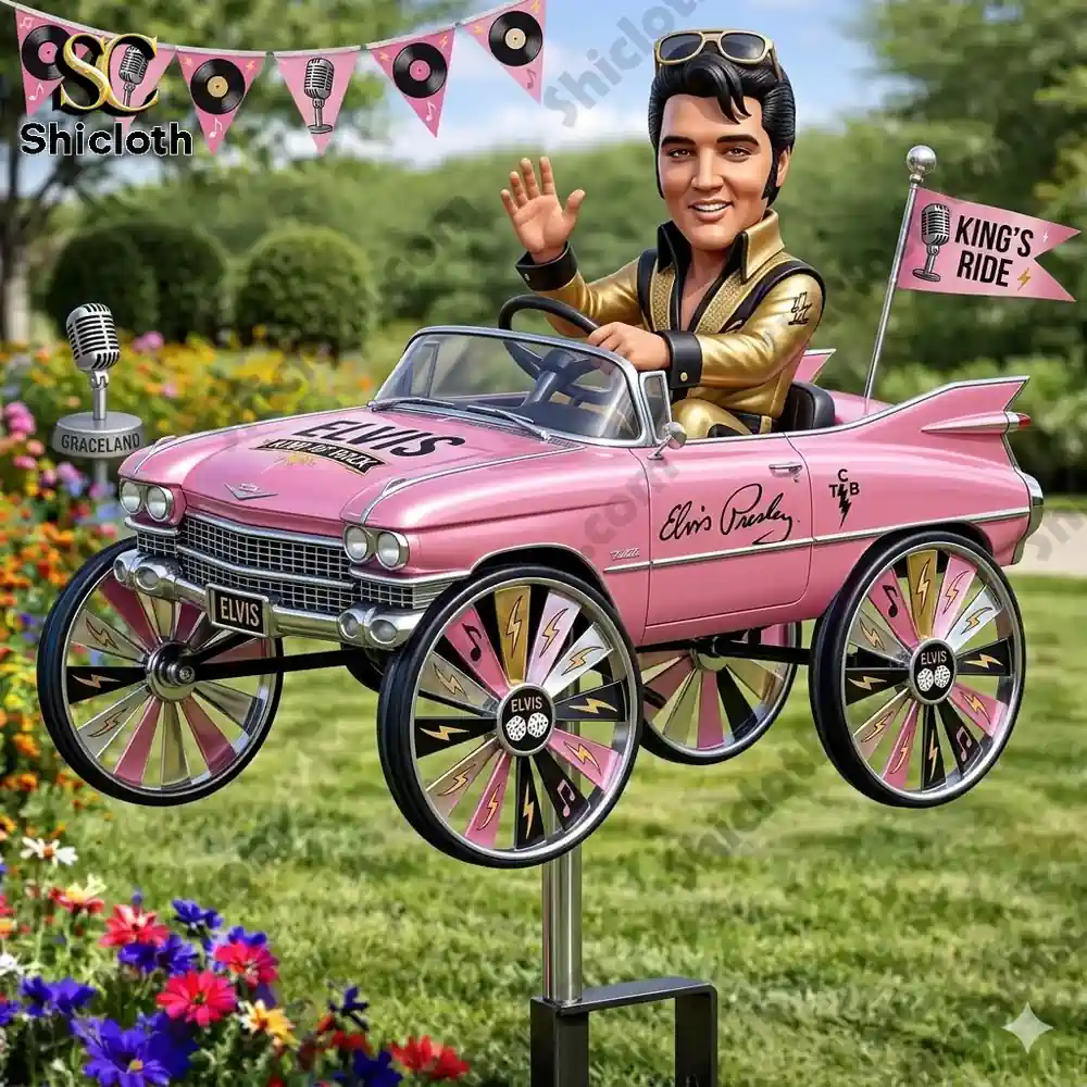 Elvis themed pink Cadillac garden spinner placed outdoors with sign