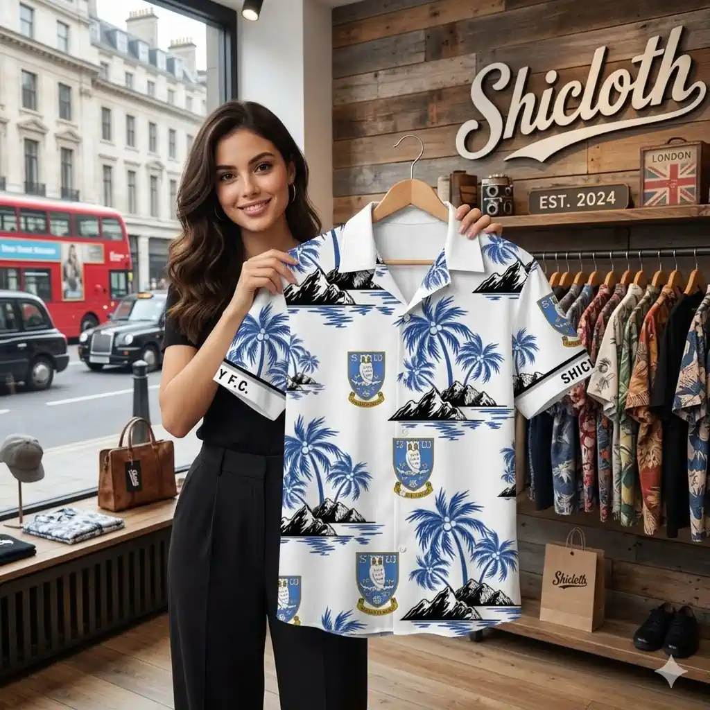Woman holding tropical pattern shirt in Shicloth store!