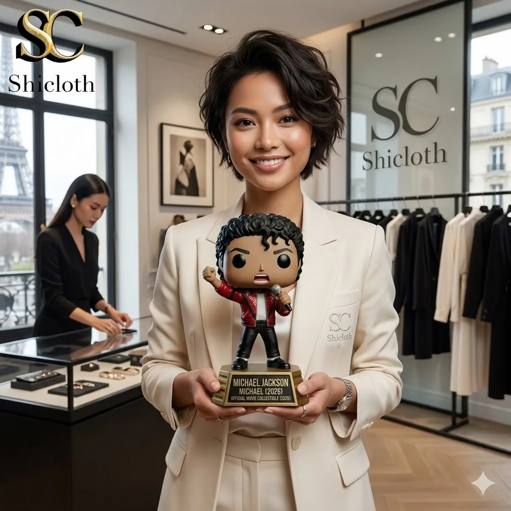 A smiling woman in a light suit holding a Michael Jackson figurine in a Shicloth store.