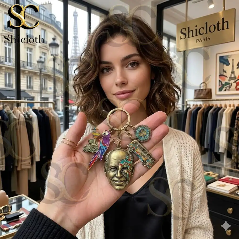 Woman holding tropical style keychain inside fashion store