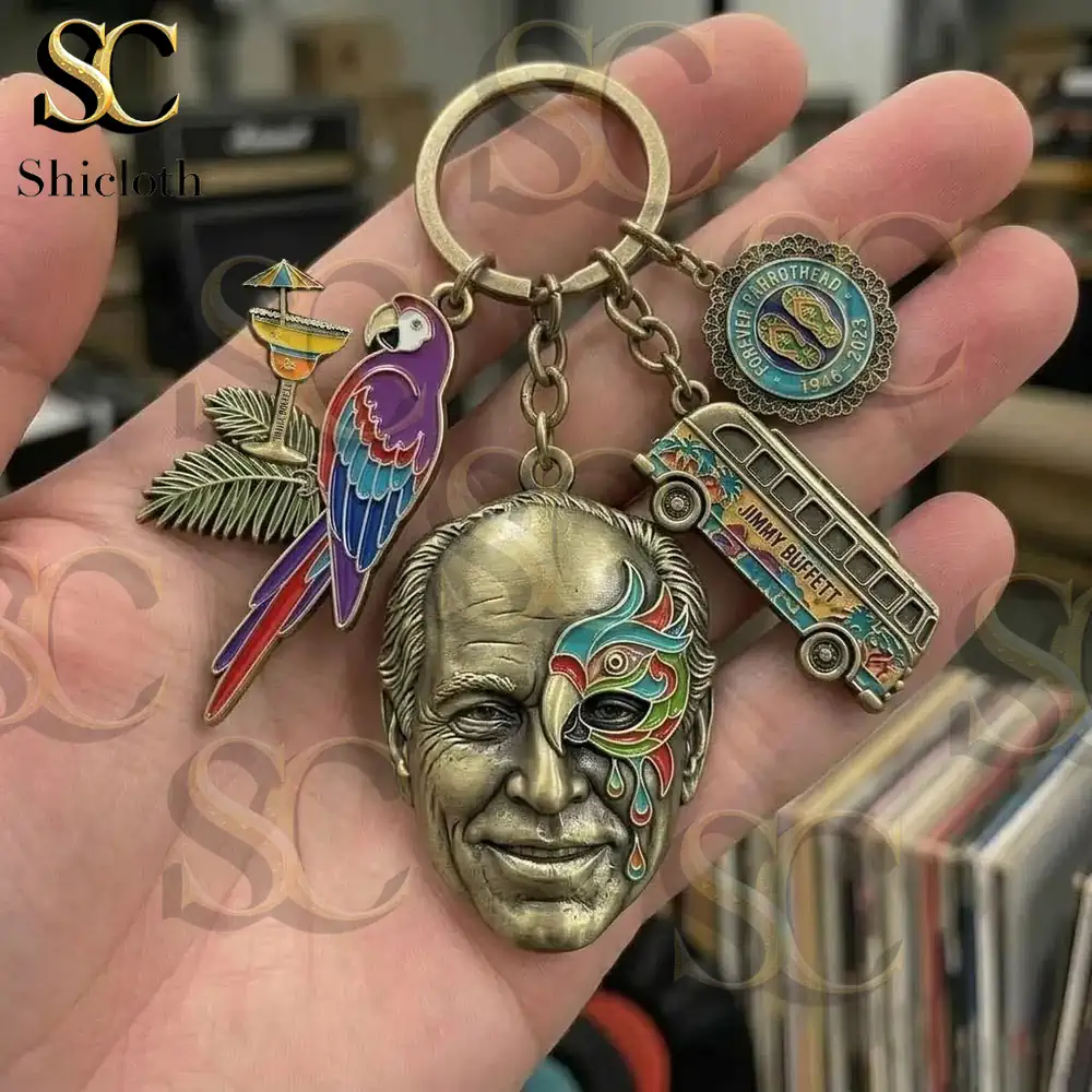 Close up of colorful tropical keychain with parrot and bus charms