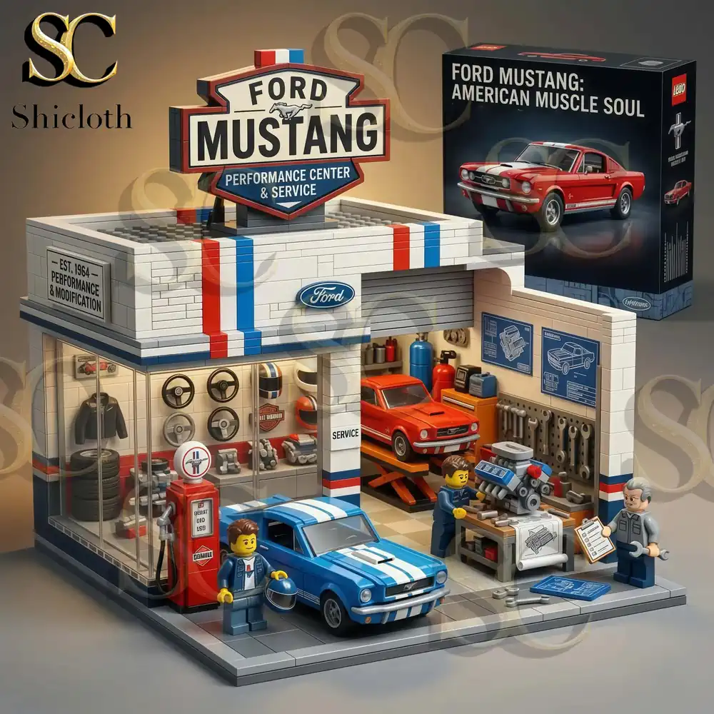 Detailed Ford Mustang Performance Center and Workshop brick set with product box.