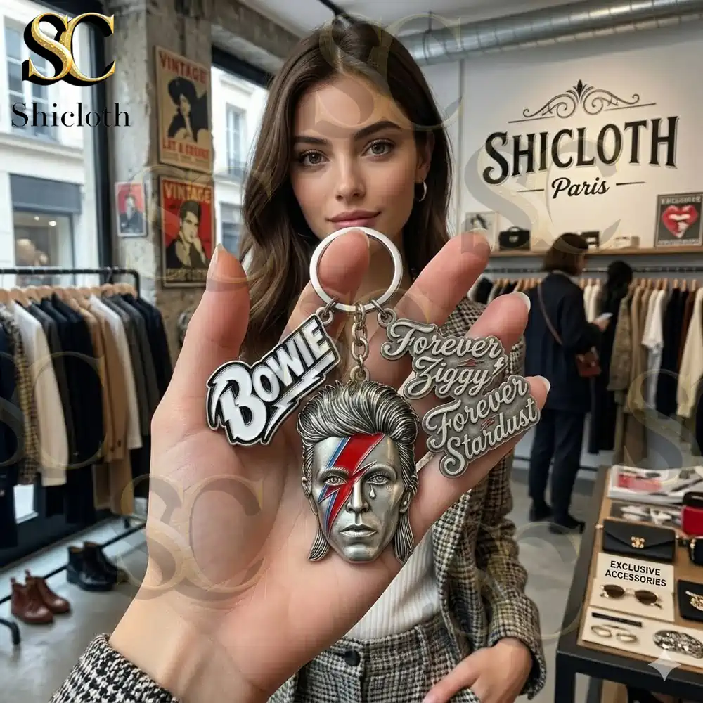 Hand holding Bowie themed keychain inside Shicloth fashion store!