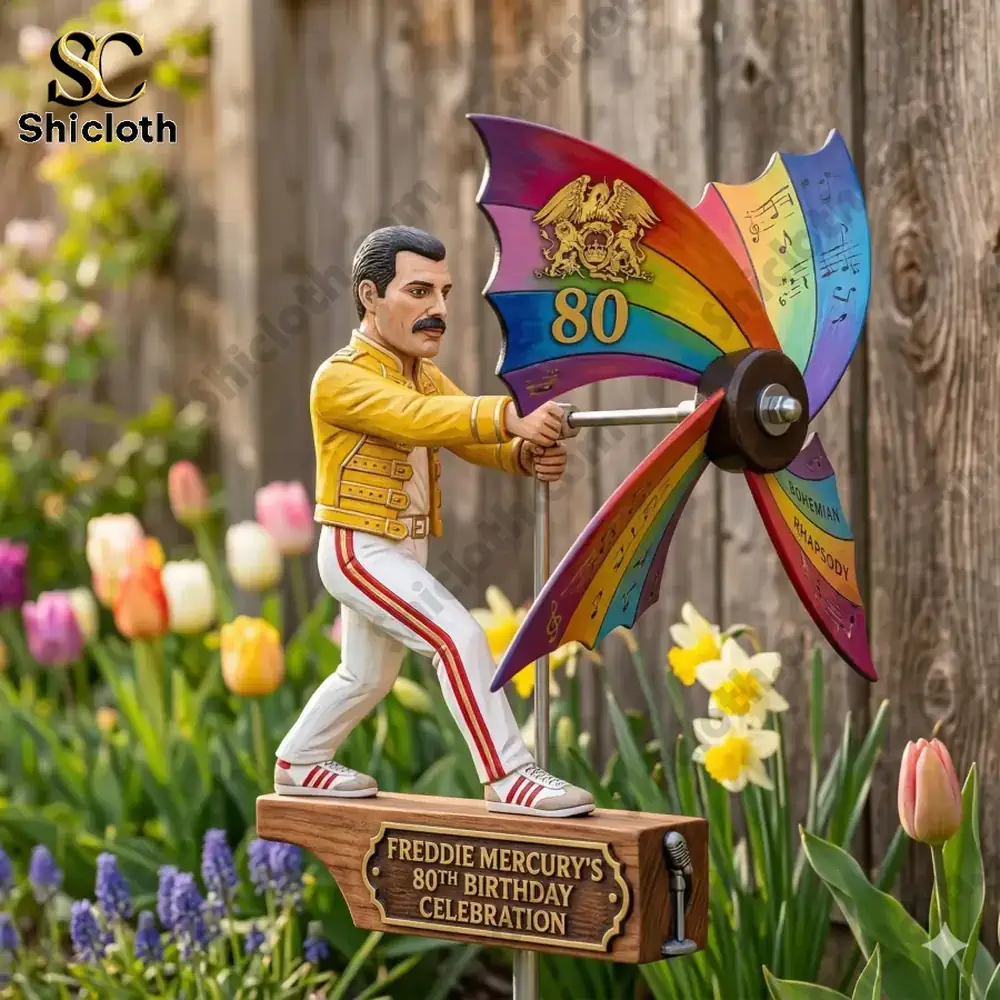 Close up of Freddie Mercury statue spinning a colorful wheel with eighty celebration sign