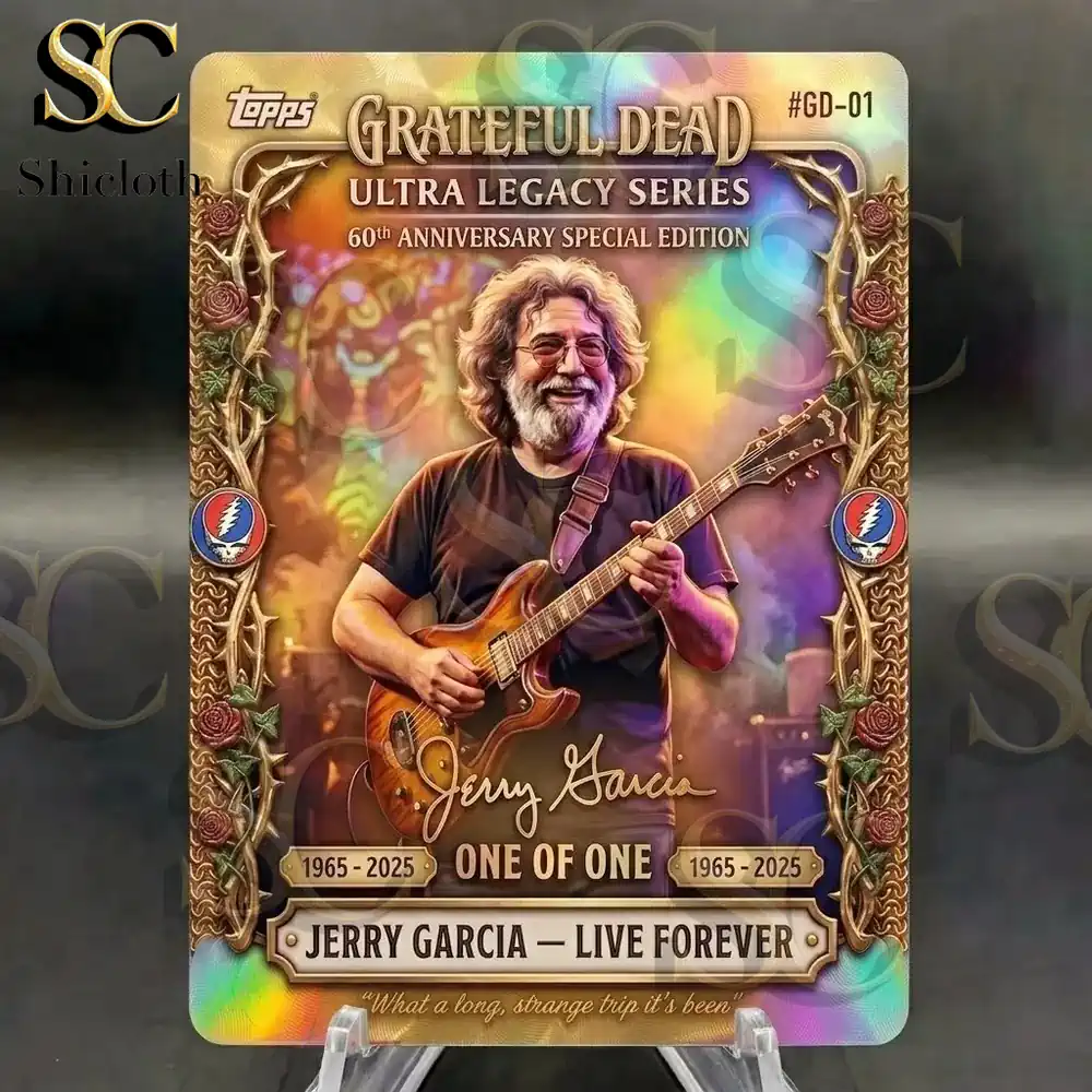 A close up of a holographic trading card on an acrylic stand. The card features a musician playing a guitar inside a gold rose and thorn frame with roses and dancing bears. Text reads GRATEFUL DEAD and ULTRA LEGACY SERIES.