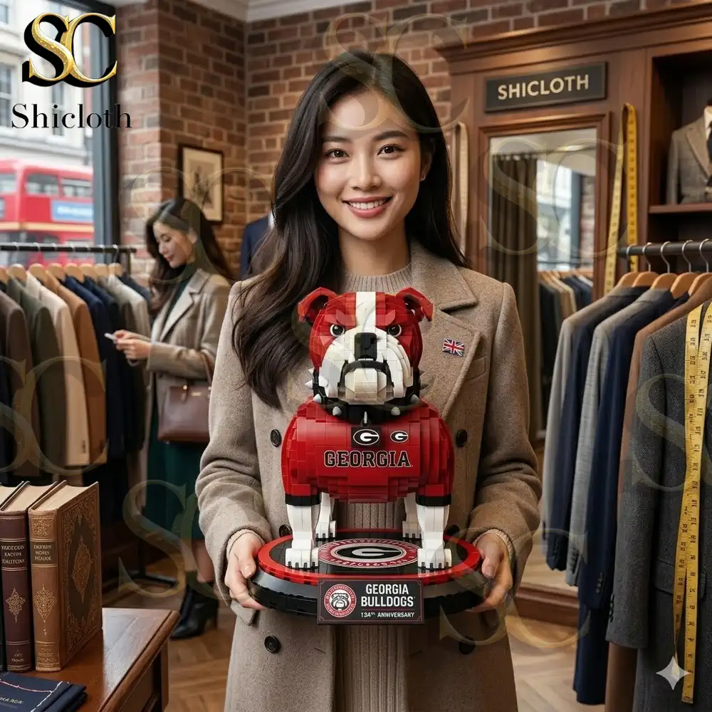 Woman holding Georgia Bulldogs brick bulldog model in clothing shop!