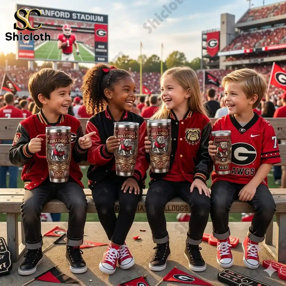 Kids holding Georgia Bulldogs tumbler at stadium