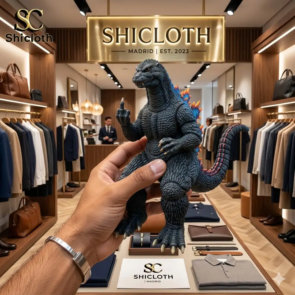 Godzilla figure held in hand inside Shicloth store