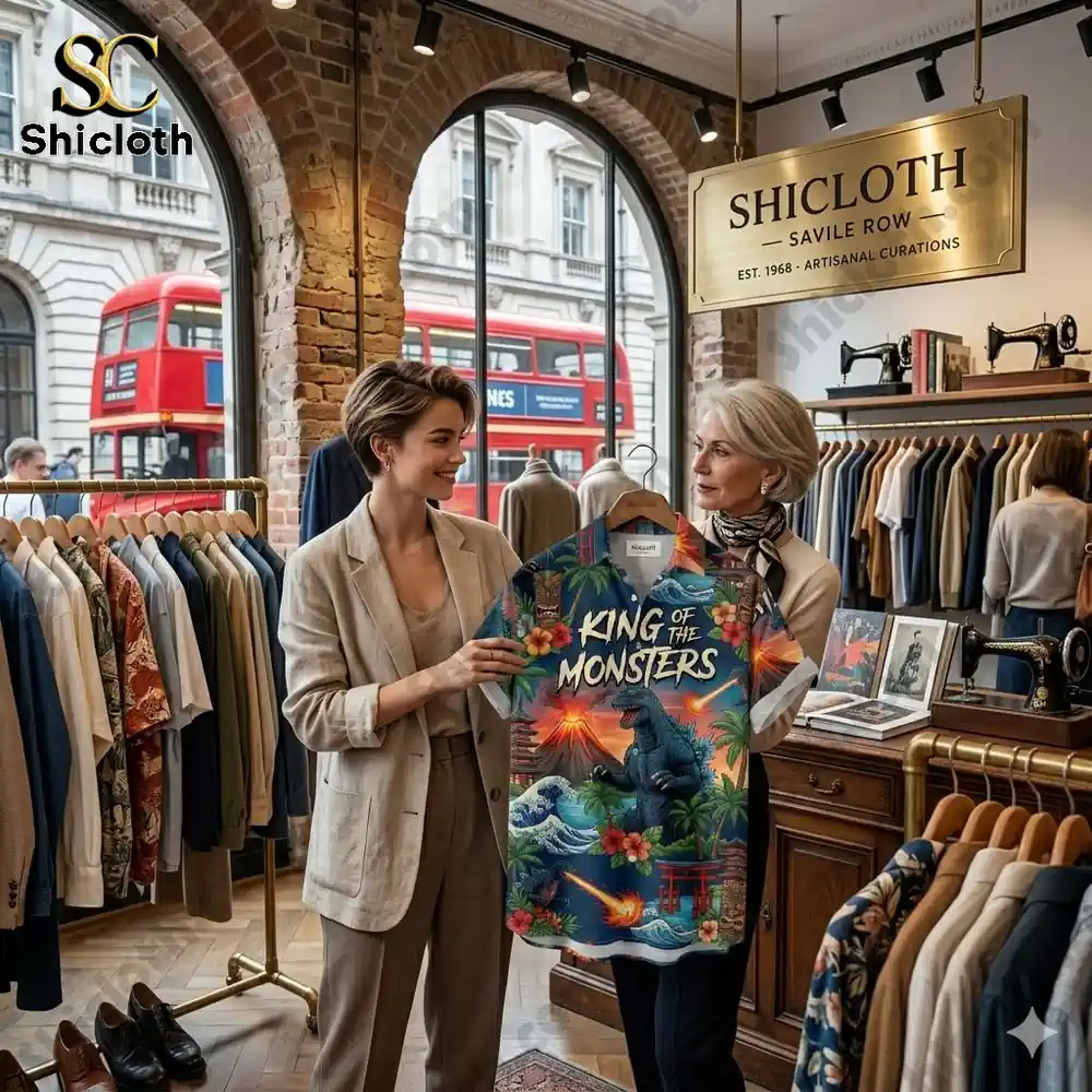 Two people holding a monster print hawaiian shirt in a boutique shop!