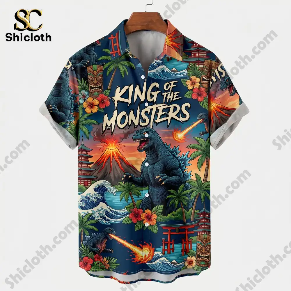 Colorful monster king hawaiian shirt on hanger isolated view!