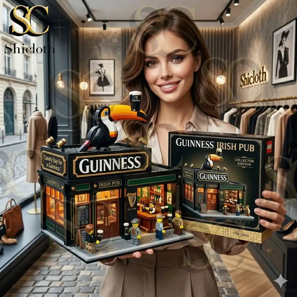 Woman holding Guinness Irish Pub building brick set inside Shicloth fashion store!