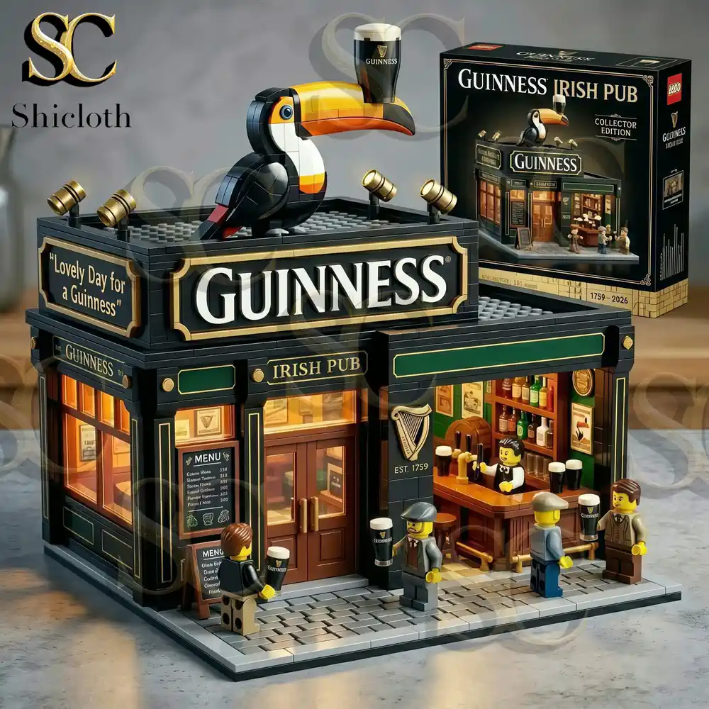 Close view of Guinness Irish Pub building brick set with product box!