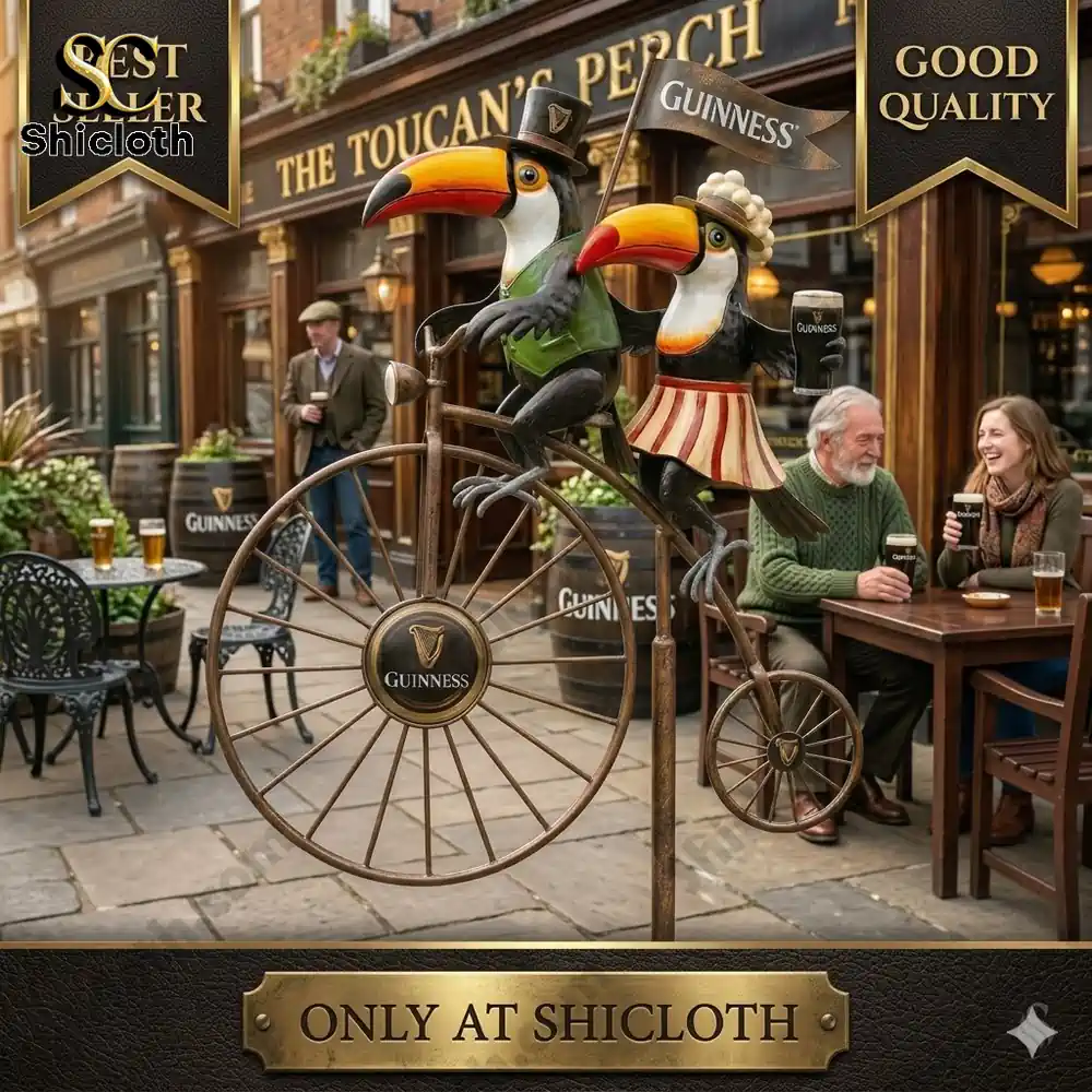 Guinness toucan couple riding vintage bicycle outside pub