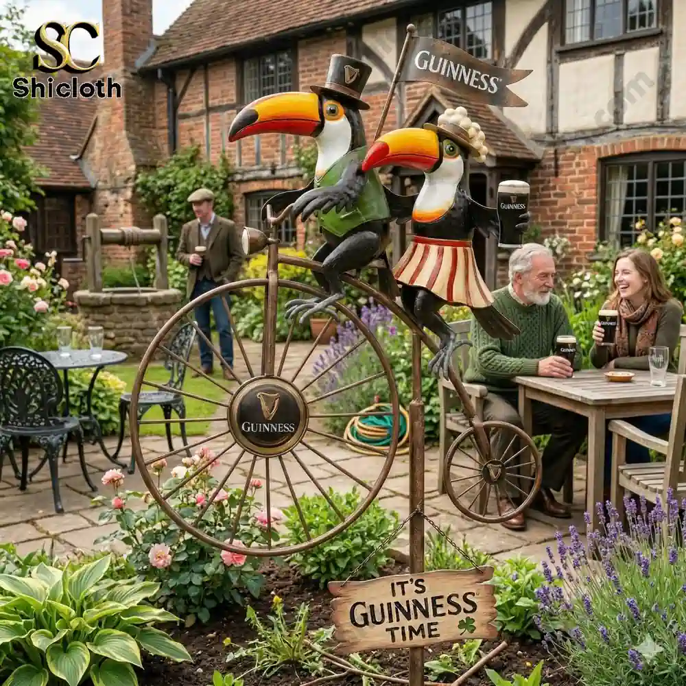 Guinness toucan couple bicycle in rustic garden setting