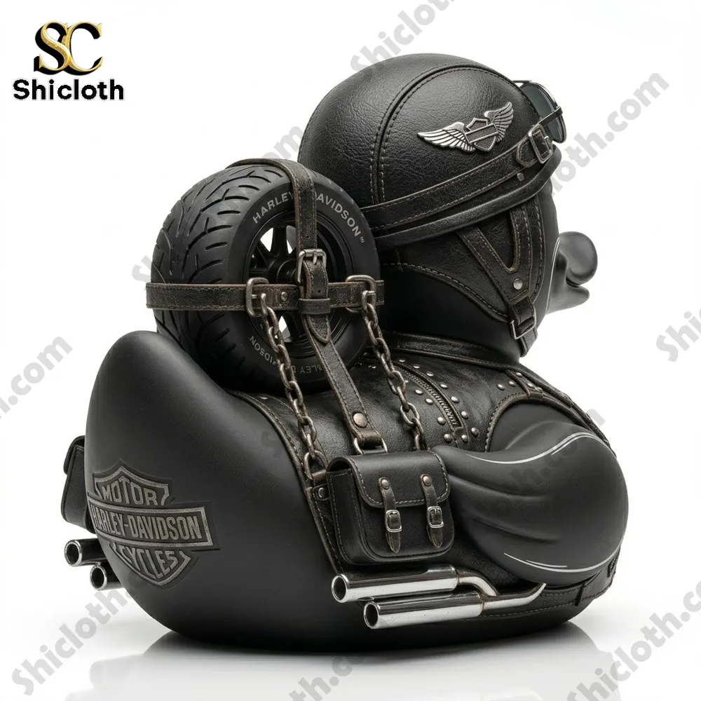 Harley-Davidson Adventure Duck 5 Back view of biker rubber duck with tire and leather bag!