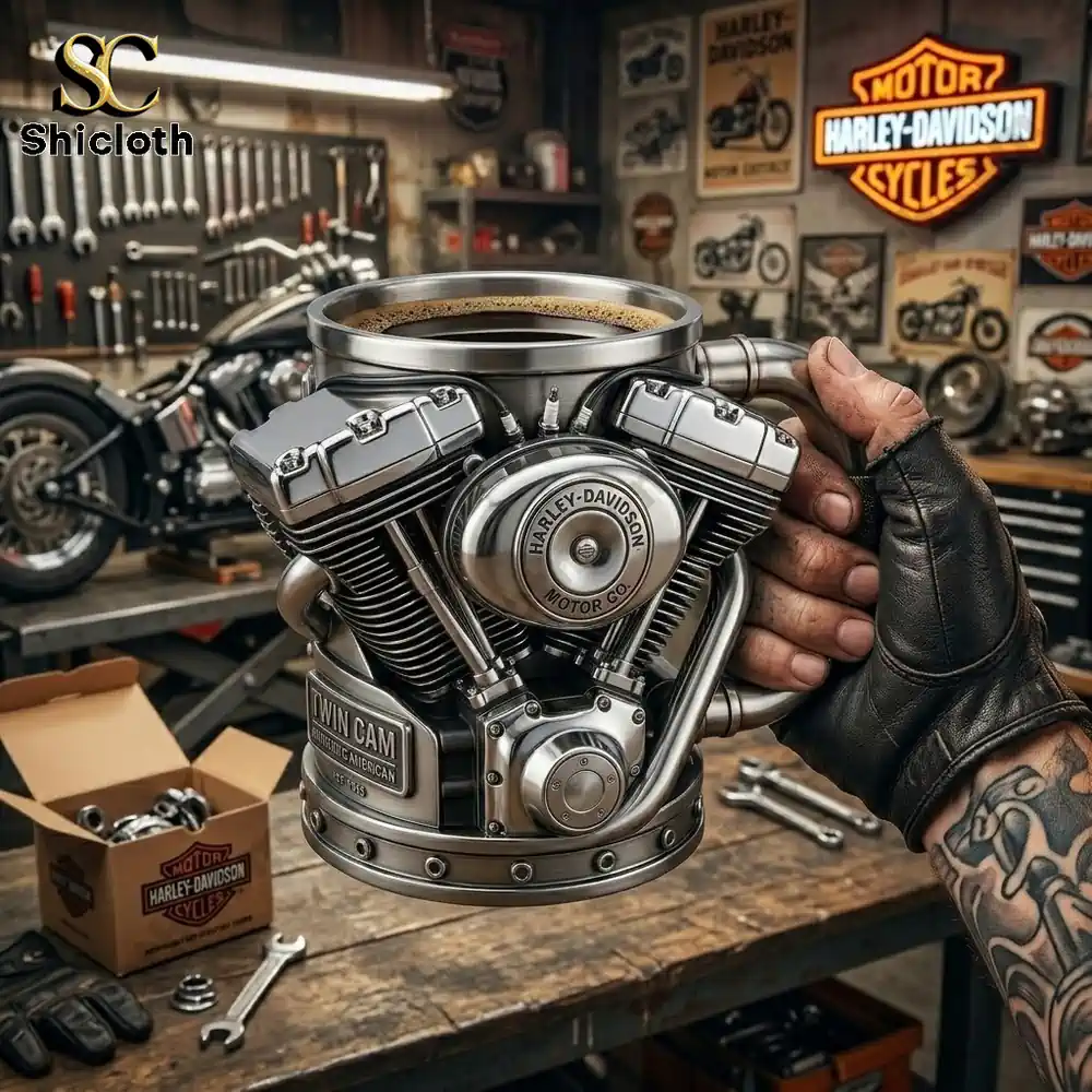Motorcycle engine shaped coffee mug held in a workshop!